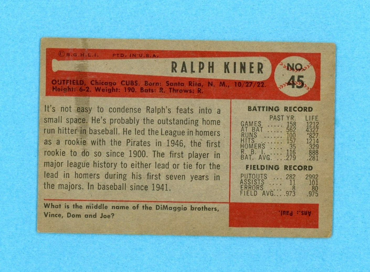 1954 Bowman #45 Ralph Kiner Chicago Cubs Baseball Card Vg/Ex