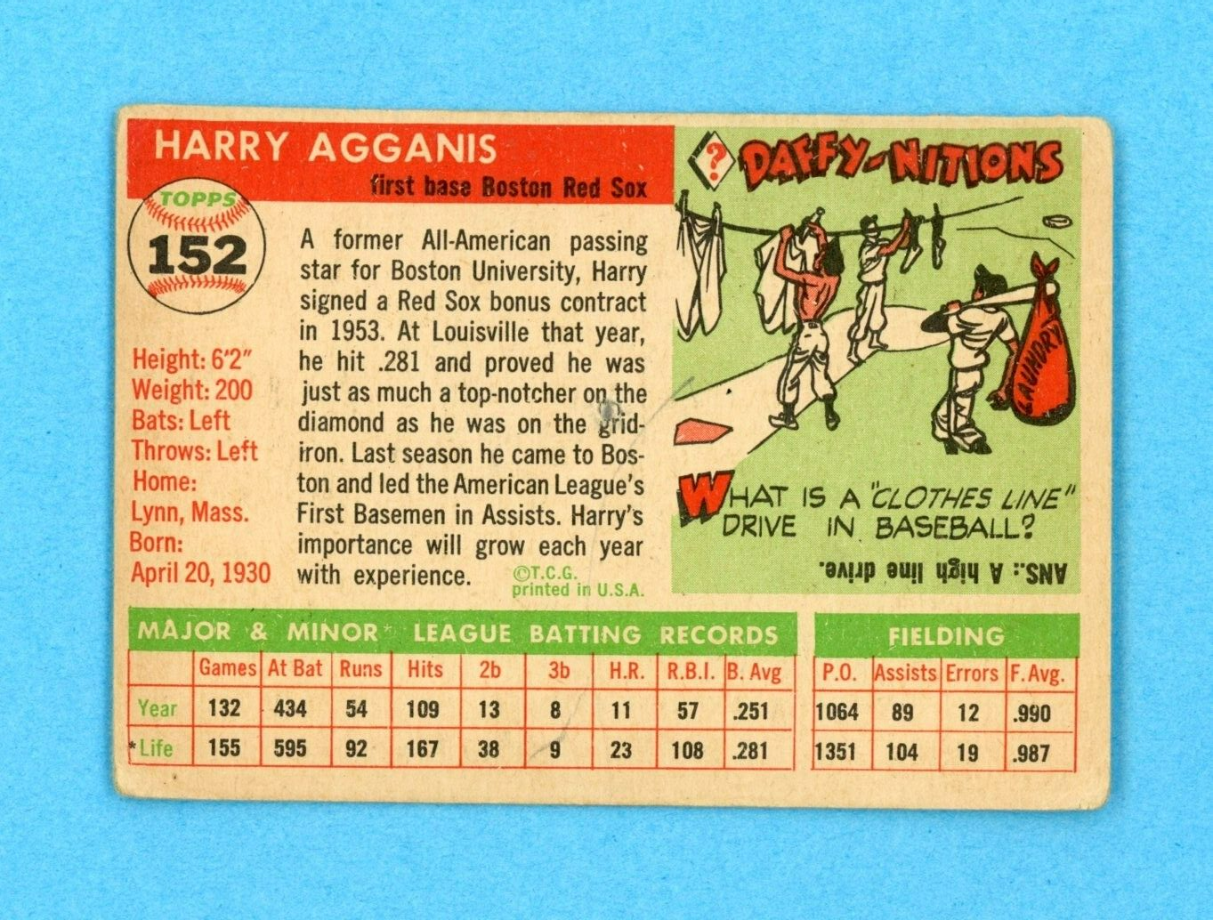 1955 Topps #152 Harry Agganis Boston Red Sox Rookie Baseball Card Low Grade