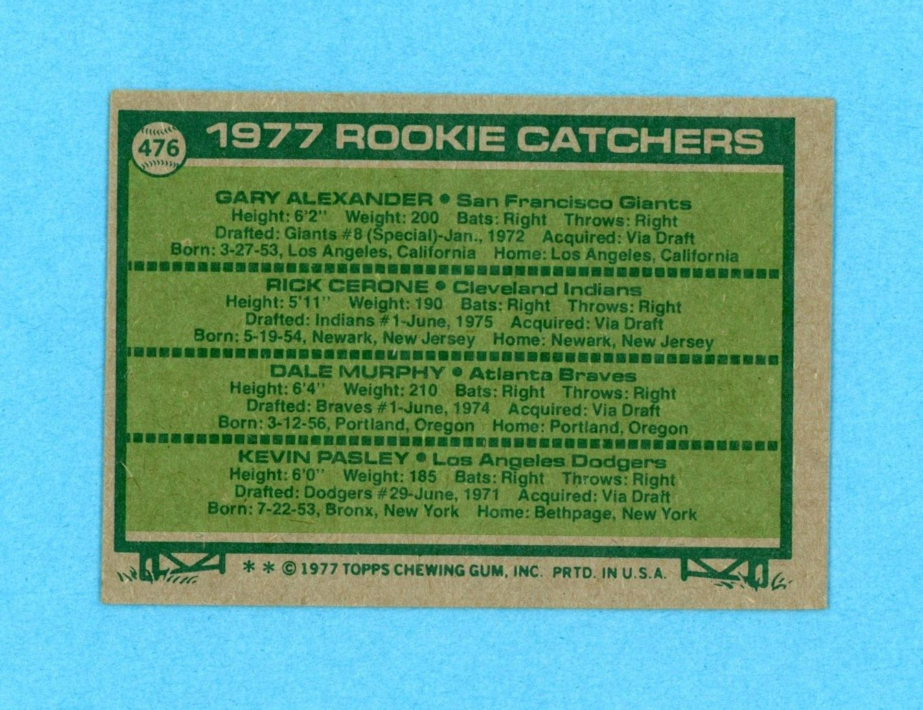 1977 Topps #476 Dale Murphy Rookie Catchers Baseball Card EX+