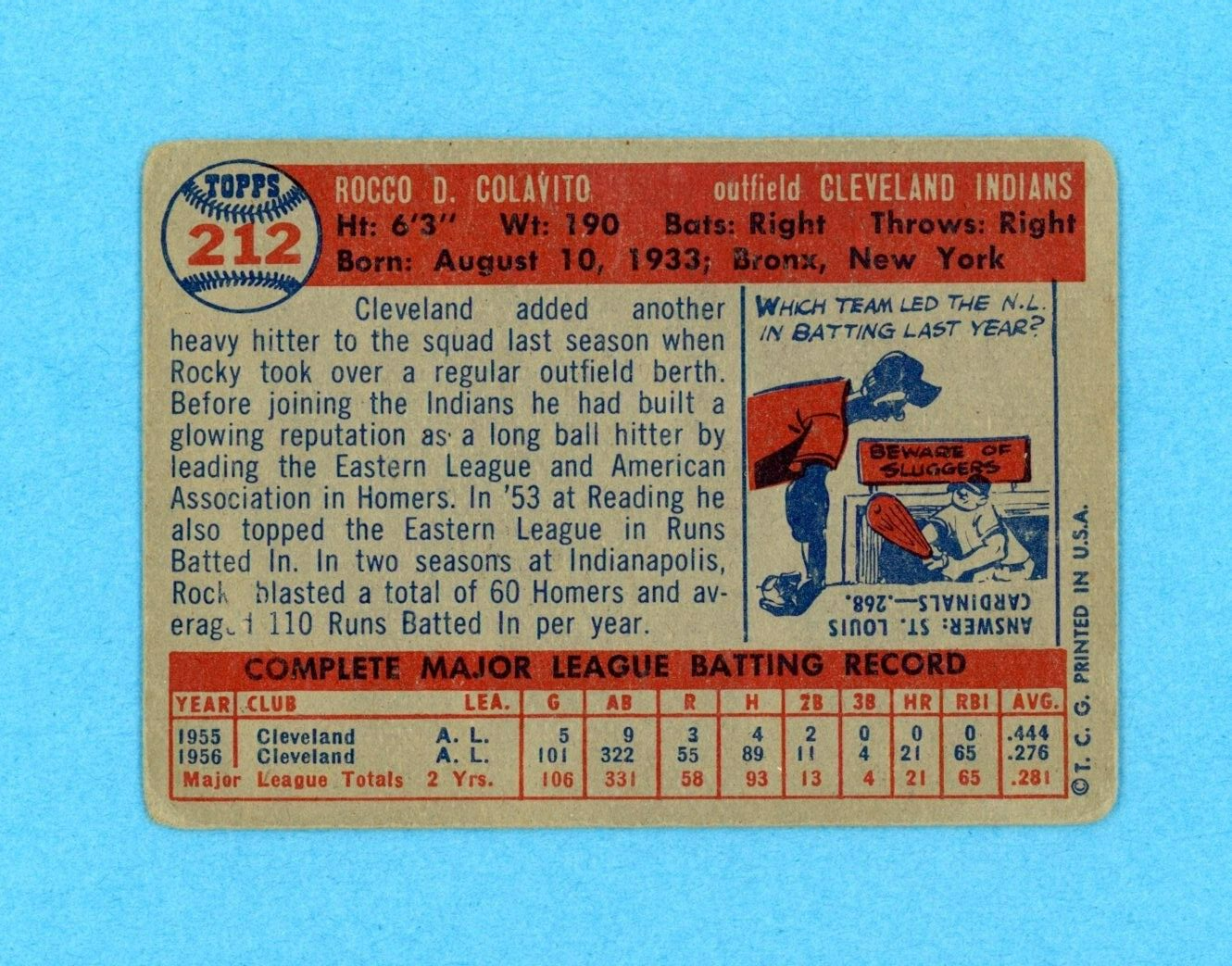 1957 Topps #212 Rocky Colavito Cleveland Indians Rookie Baseball Card Low Grade