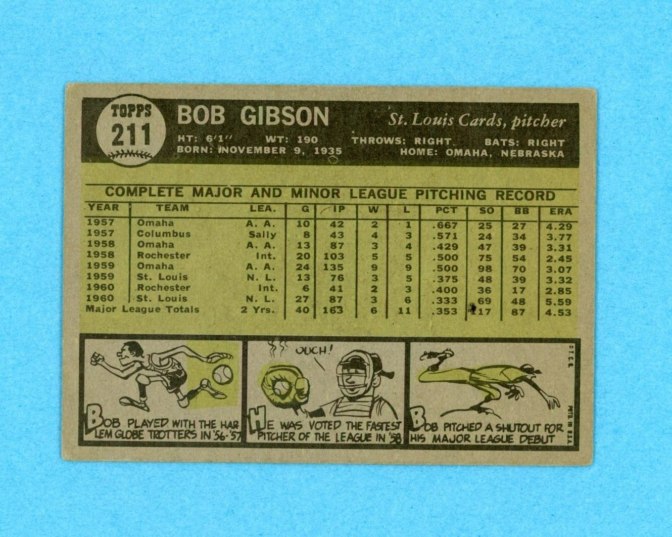 1961 Topps #211 Bob Gibson St. Louis Cardinals Baseball Card Vg/Ex lht scf