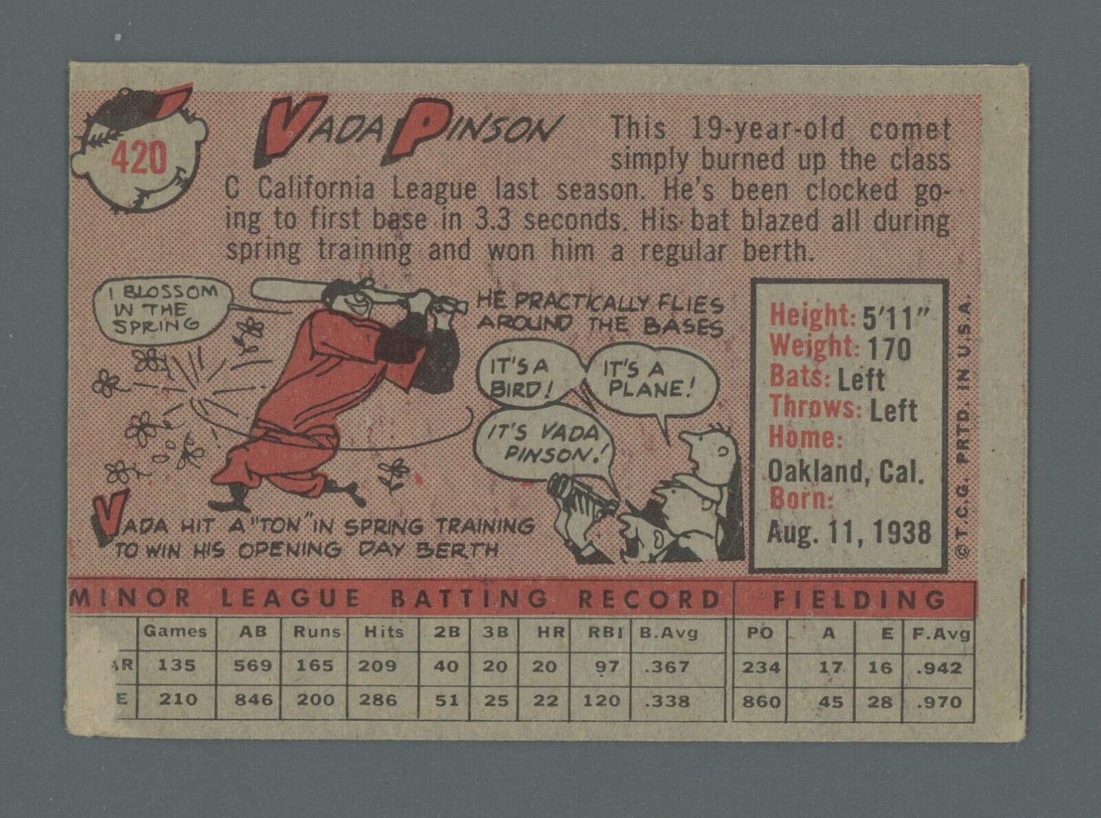 1958 Topps #420 Vada Pinson Cincinnati Reds Rookie Baseball Card TRIMMED