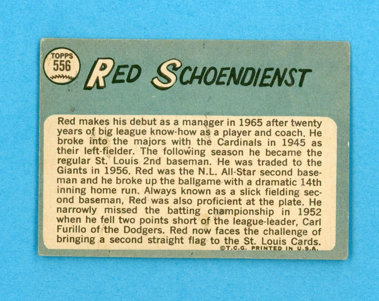 1965 Topps #556 Red Schoendienst St. Louis Cardinals Baseball Card Low Grade