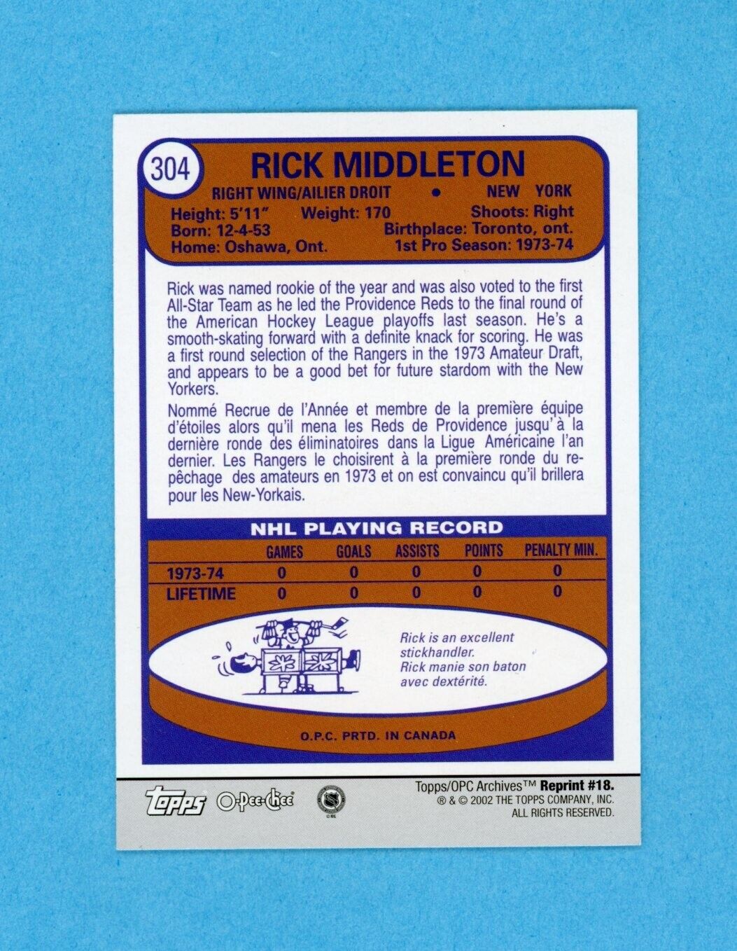 Rick Middleton 2001-02 Topps/OPC Archives #18 Autographed Hockey Card