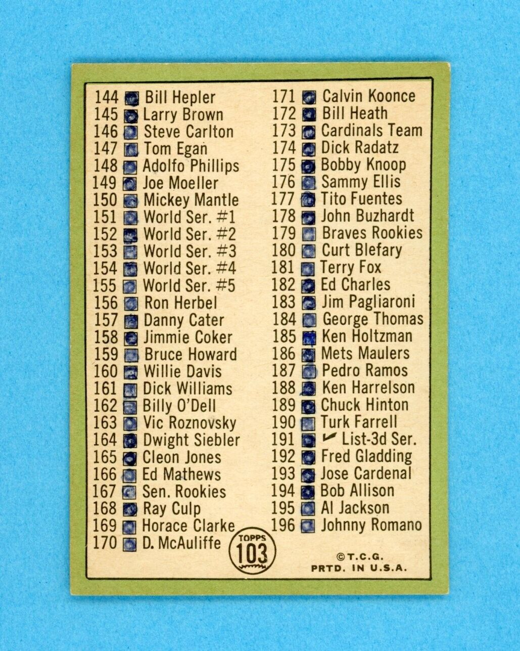 1967 Topps #103 2nd Series Check List Mickey Mantle Baseball Card Ex/Mt