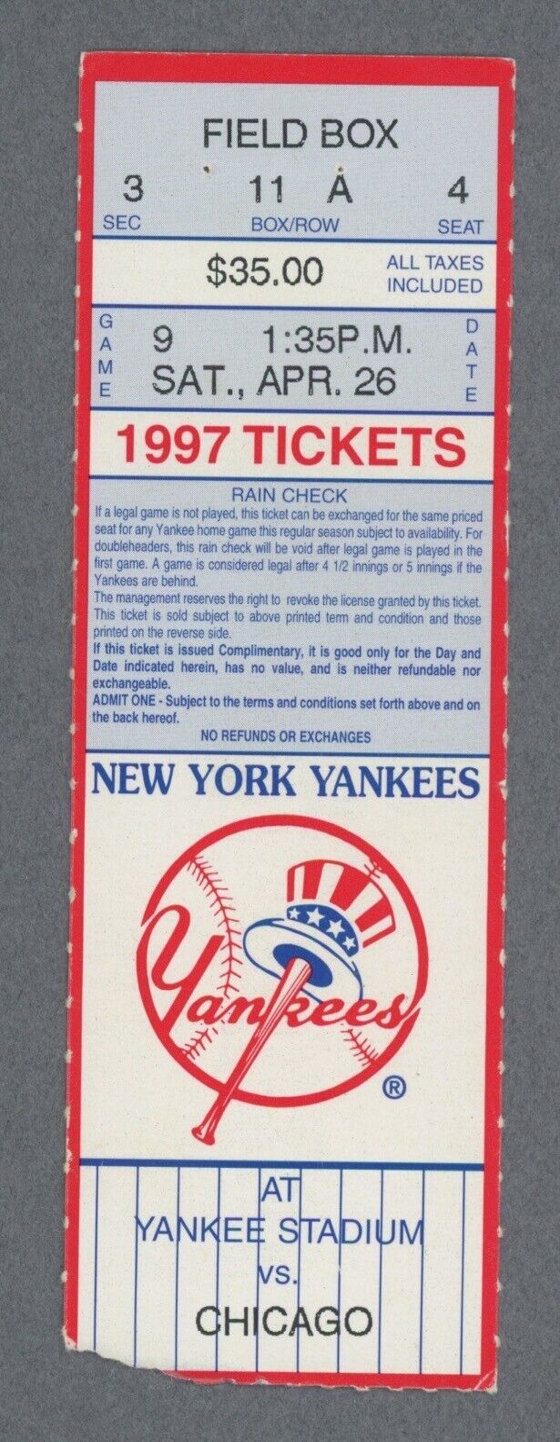 4/26/97 Chicago White Sox vs New York Yankees at Yankee Stadium Ticket Stub