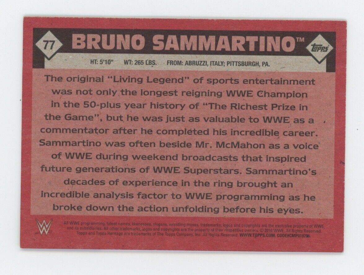 Bruno Sammartino Signed 2016 Topps WWE Heritage Card #77 Auto with B&E Hologram