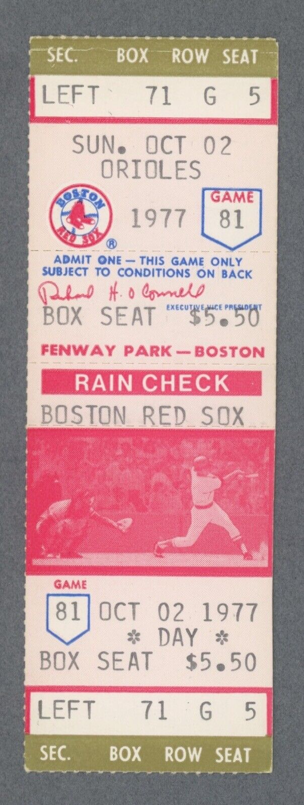 10/2/77 Baltimore Orioles vs Boston Red Sox at Fenway Park Full Ticket