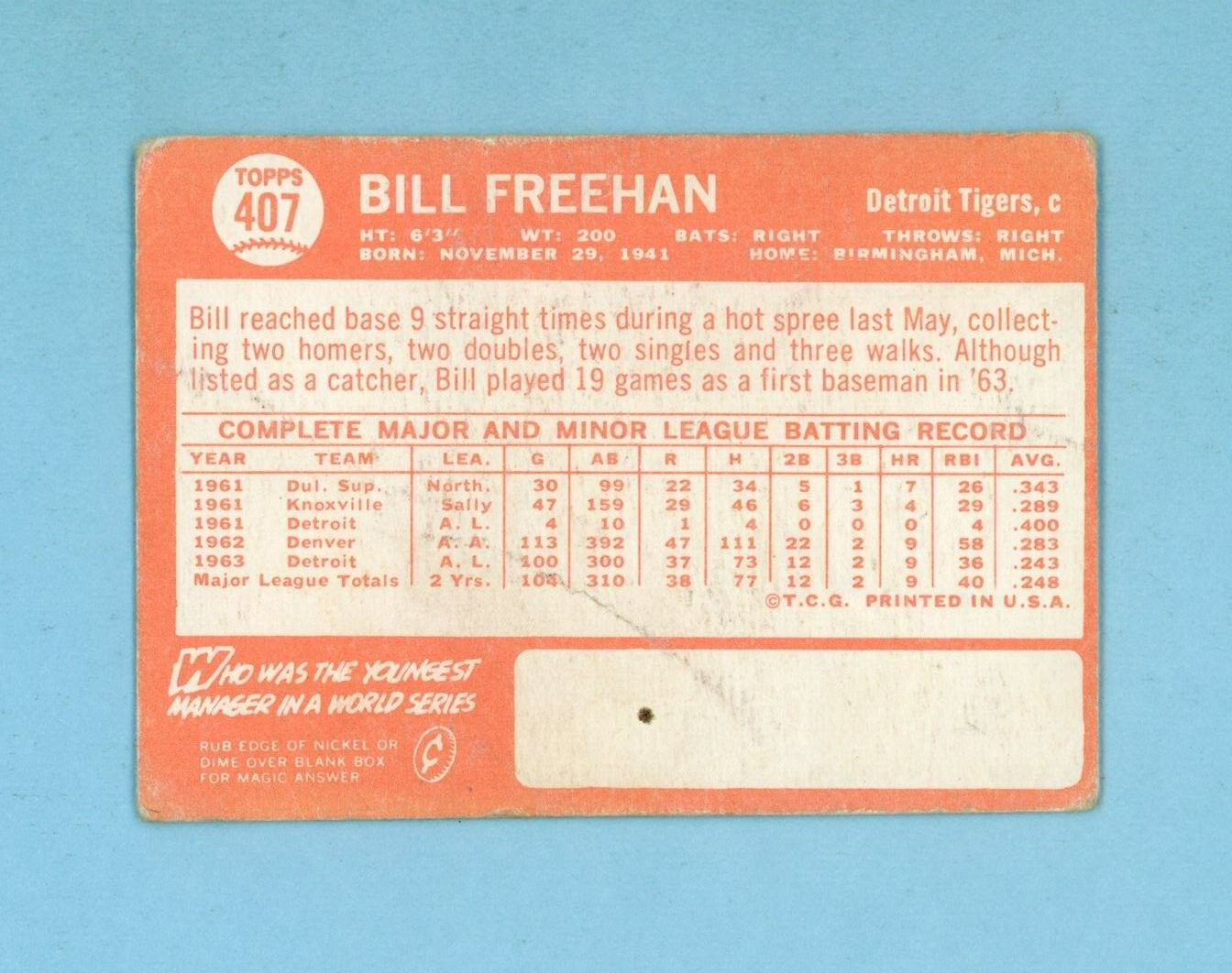 1964 Topps #407 Bill Freehan Detroit Tigers Baseball Card Low Grade