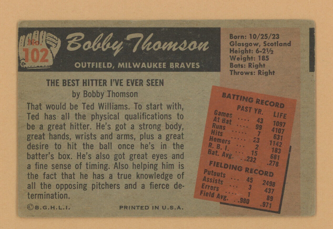 Bobby Thomson Signed 1955 Bowman Card #102 w B&E Hologram