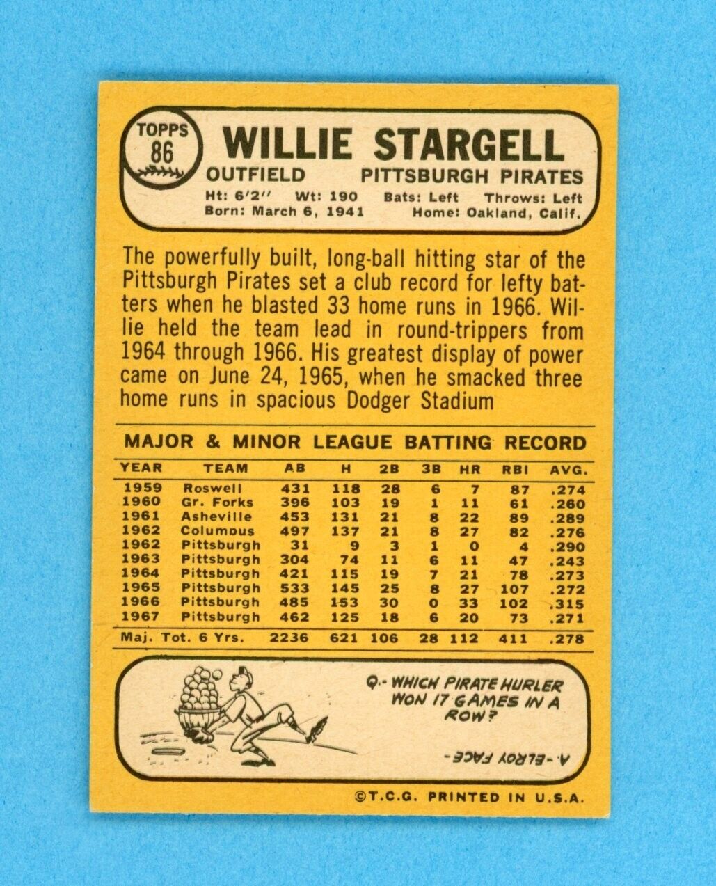 1968 Topps #86 Willie Stargell Pittsburgh Pirates Baseball Card Ex/Mt o/c