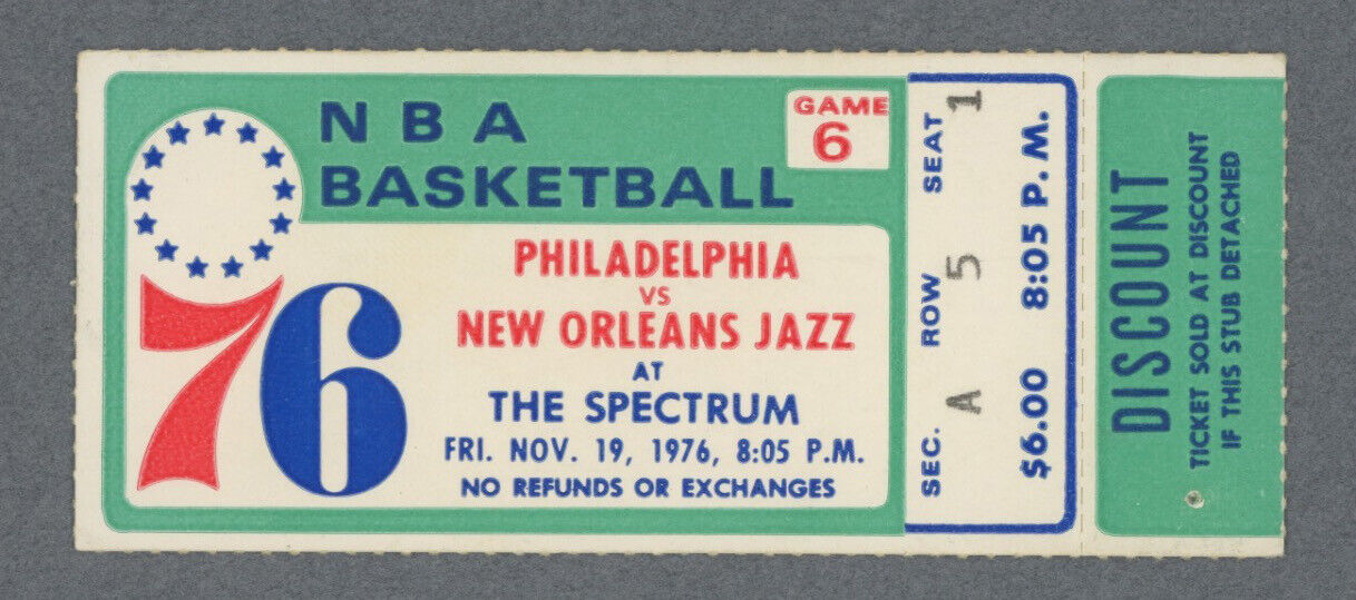 11/19/76 New Orleans Jazz vs  Phila. 76ers The Spectrum Ticket Stub Dr. J 24 pts