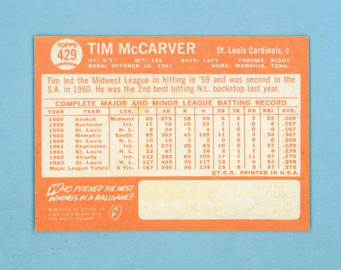 1964 Topps #429 Tim McCarver St. Louis Cardinals Baseball Card EX+-Ex/Mt ap lw