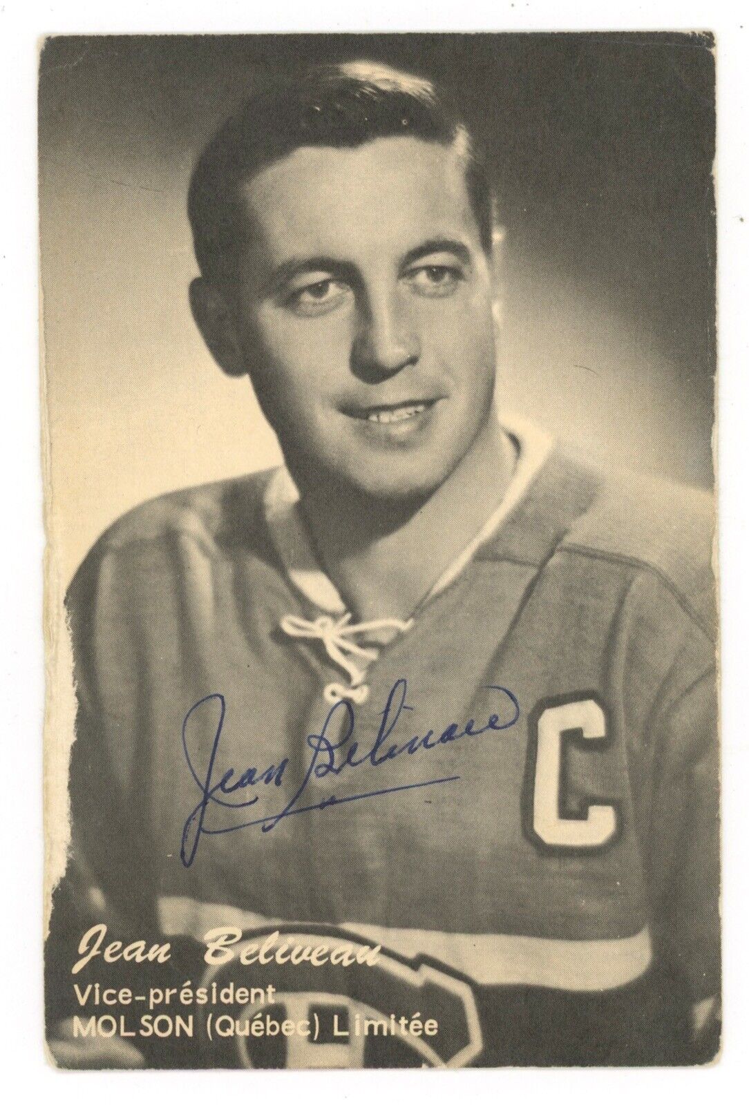 Jean Beliveau Signed (twice) 1960s Molson Postcard Auto with B&E Hologram