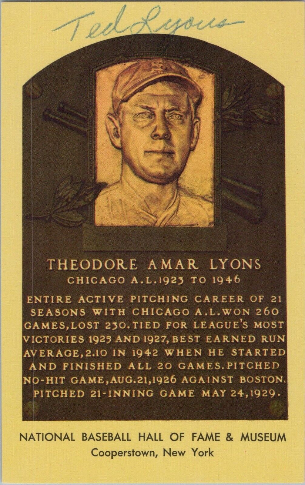 Ted Lyons Chicago White Sox Signed Yellow Hall of Fame Plaque w/ Hologram