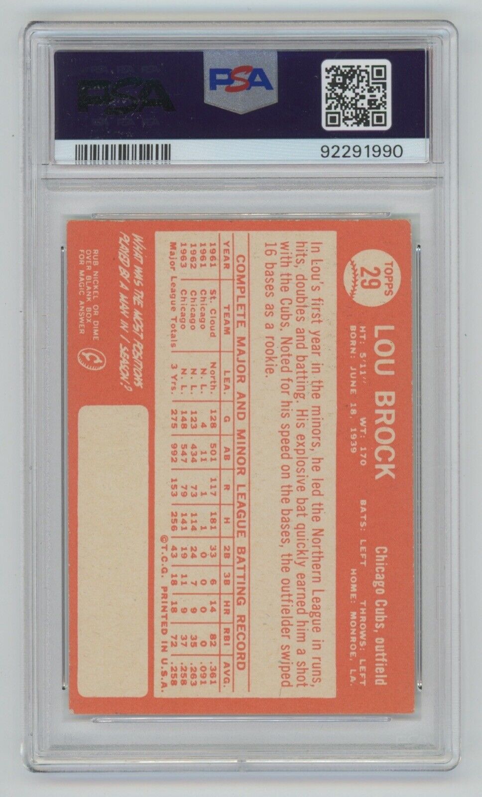 Lou Brock  1964 Topps Card #29 • PSA 5 EX