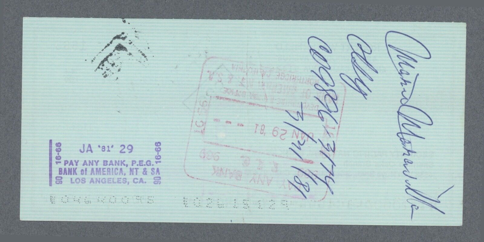 LA Rams HOFer Bob Waterfield Signed Personal Check w B&E Hologram