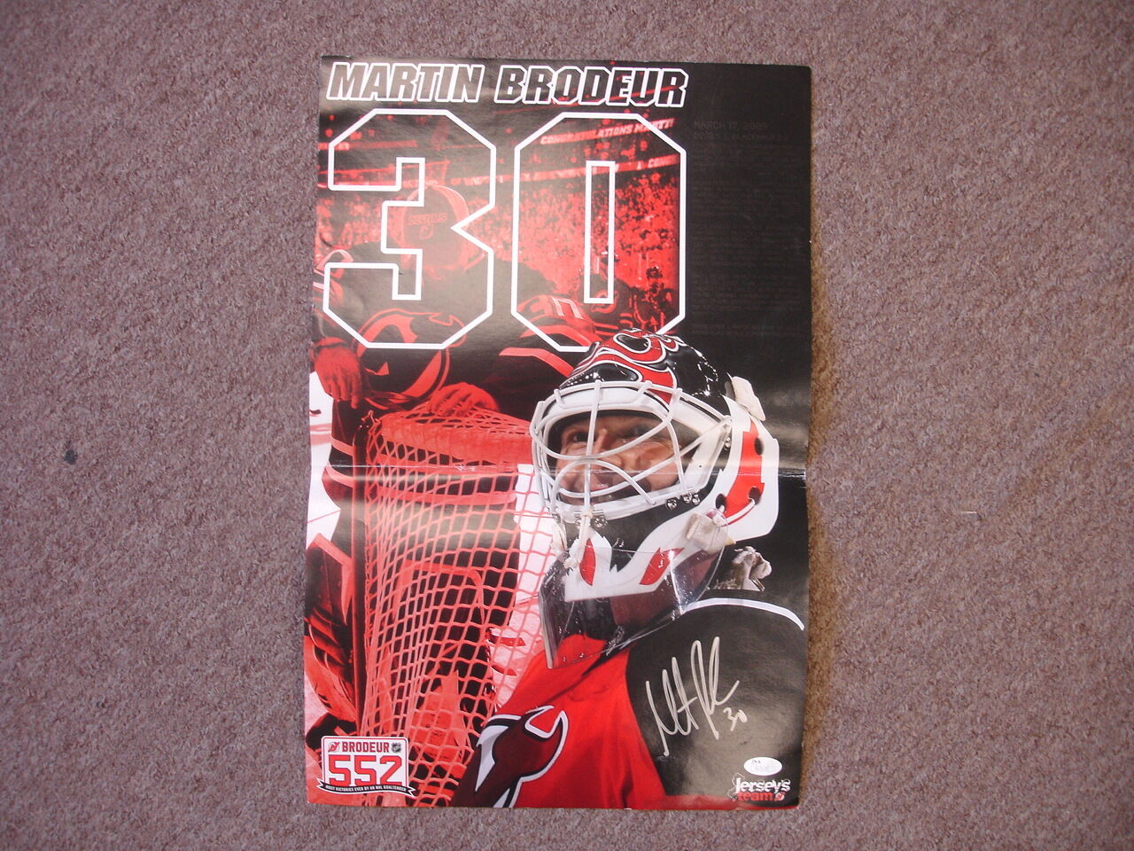 Martin Brodeur New Jersey Devils Autographed 13" x 20" Giveaway Poster - JSA 