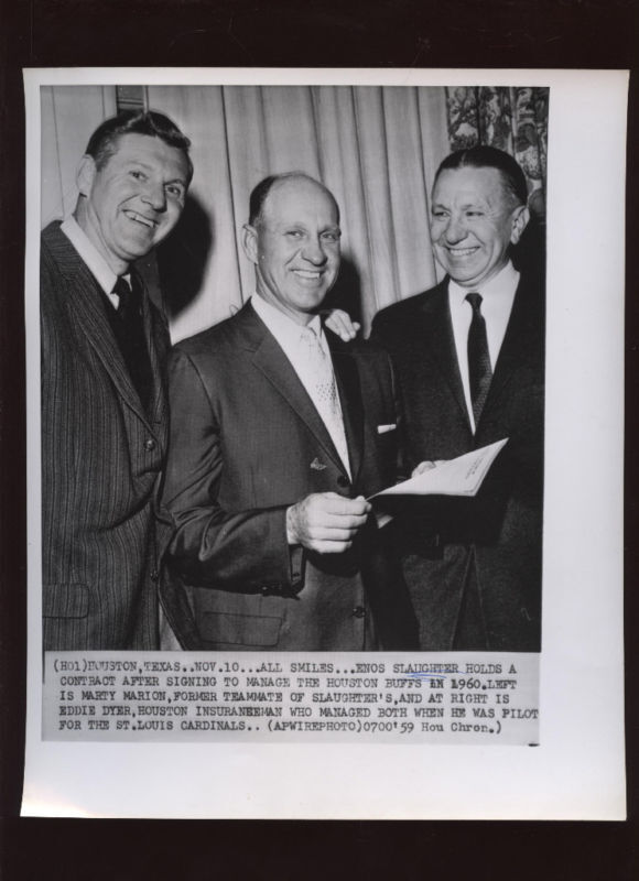 Original 1959 Enos Slaughter Signs to Manage Wire Photo