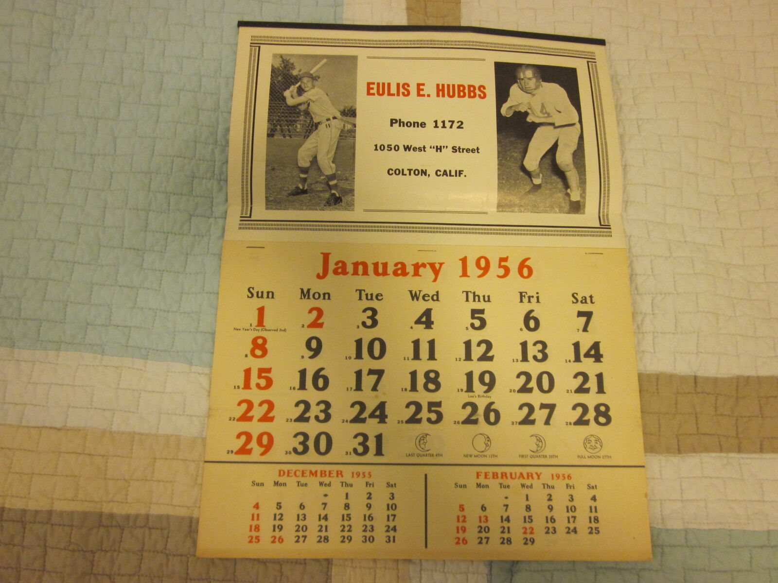 1956 Calendar Eulis Hubbs Header ( Father of Ken Hubbs ) 