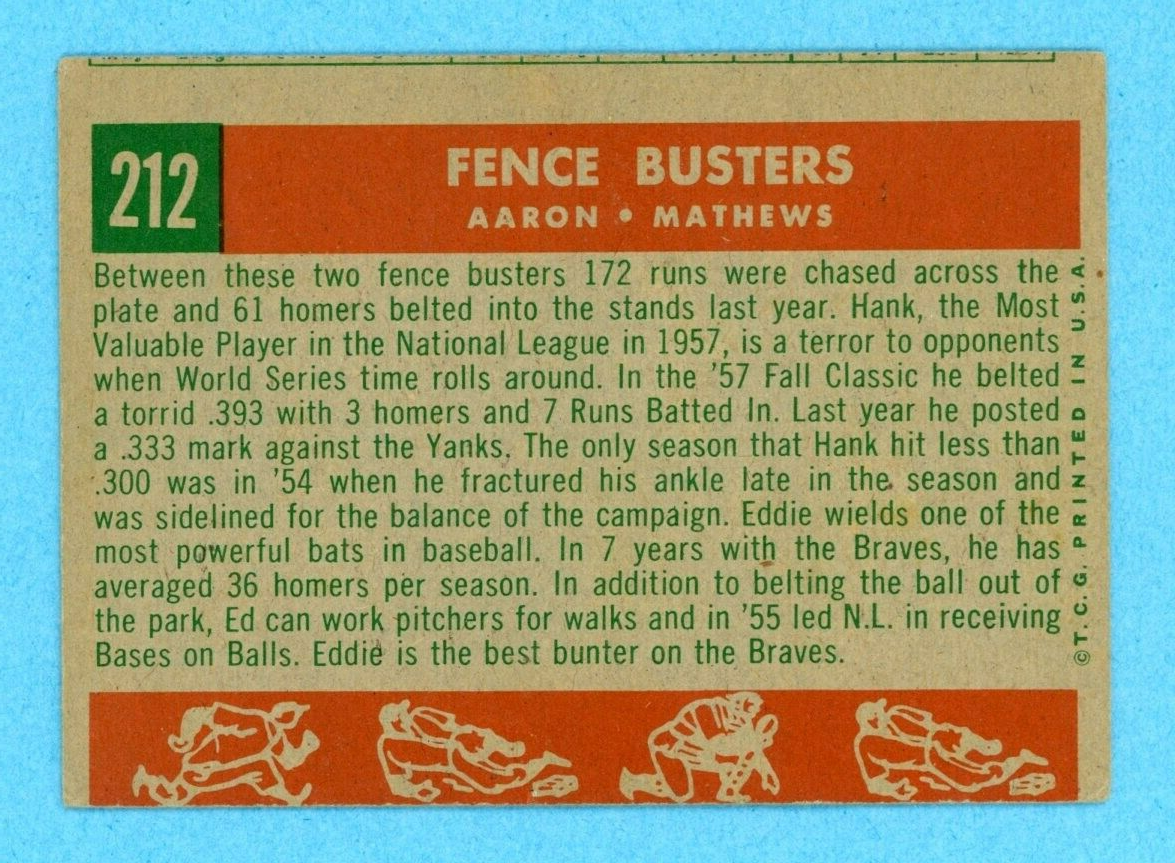 1959 Topps #212 Fence Busters Aaron-Mathews Milw Braves Baseball Card EX o/c mc