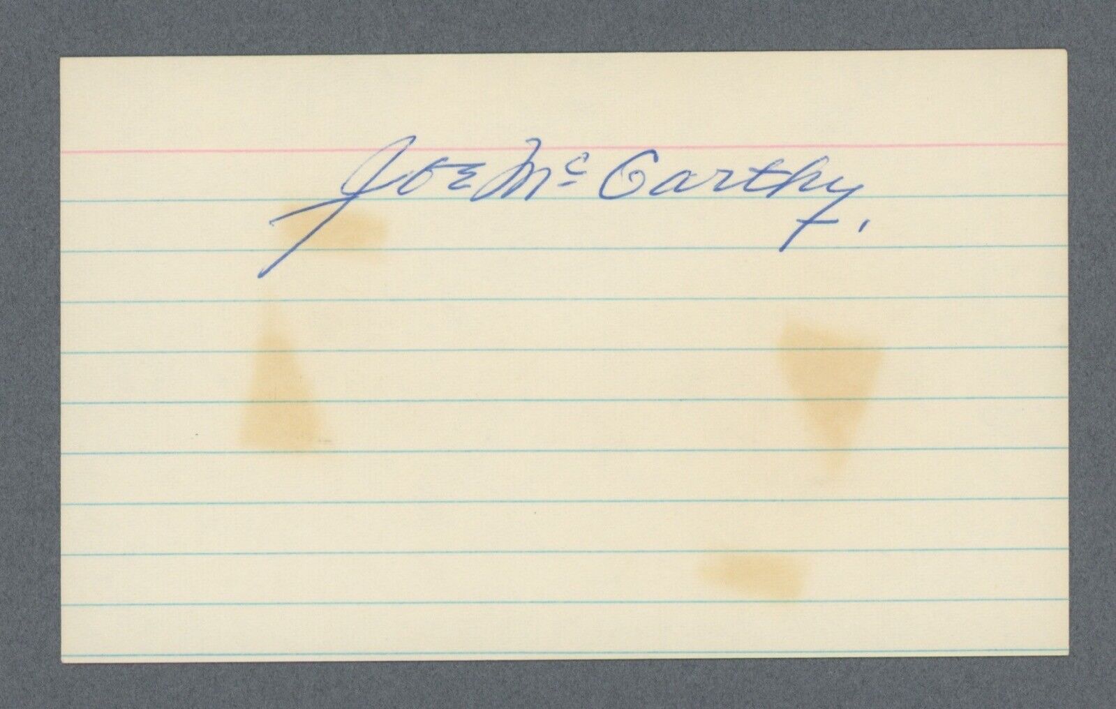 Joe McCarthy Signed 3x5 Index Card Auto with B&E Hologram