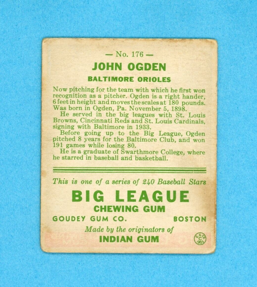 1933 Goudey #176 John Ogden Baltimore Orioles Baseball Card VG lht w/c