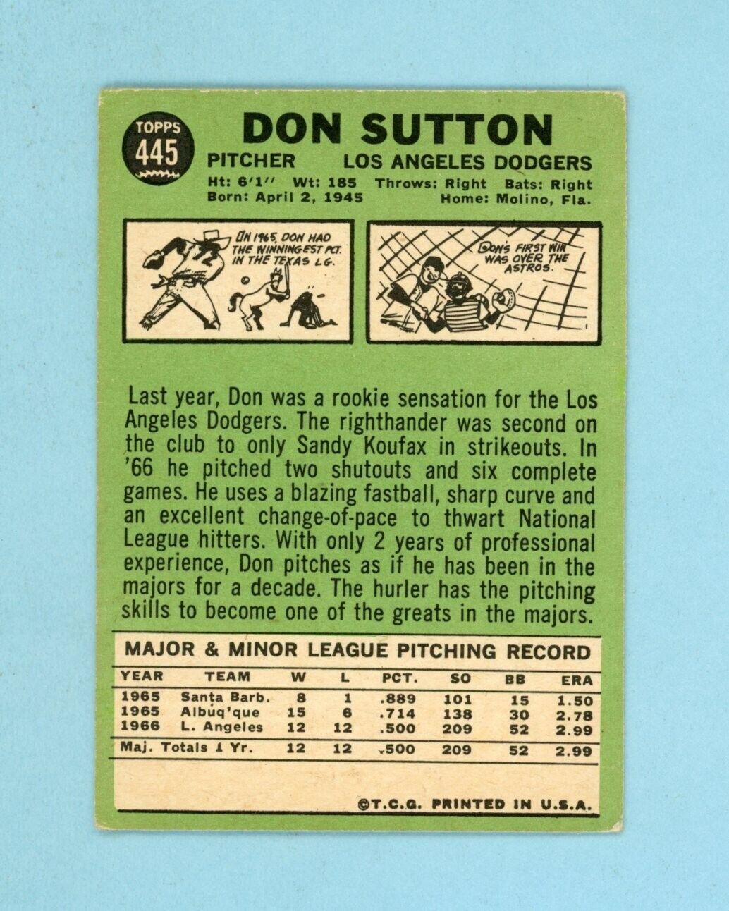 1967 Topps #445 Don Sutton Los Angeles Dodgers Baseball Card Vg/Ex