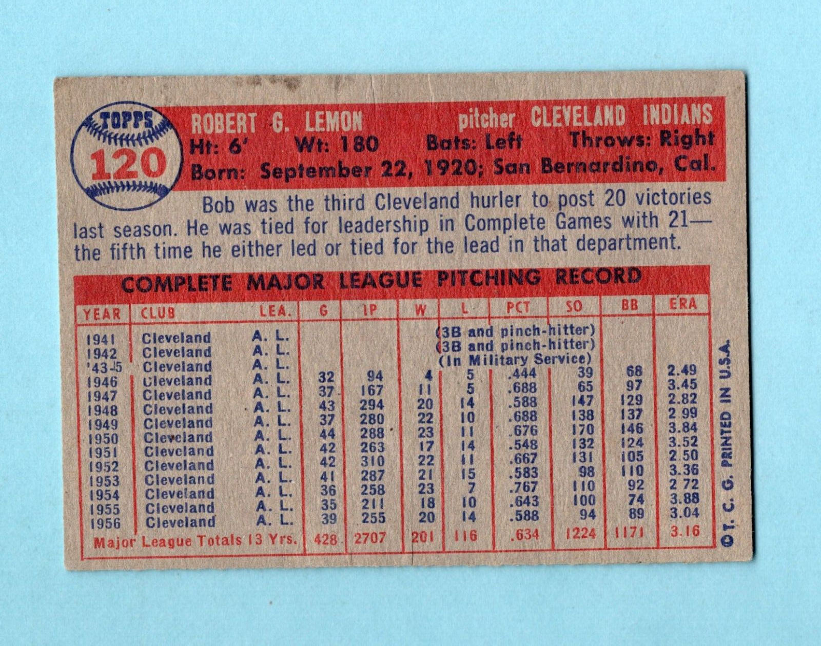 1957 Topps #120 Bob Lemon Cleveland Indians Baseball Card EX - EX+ lt wrks/cres