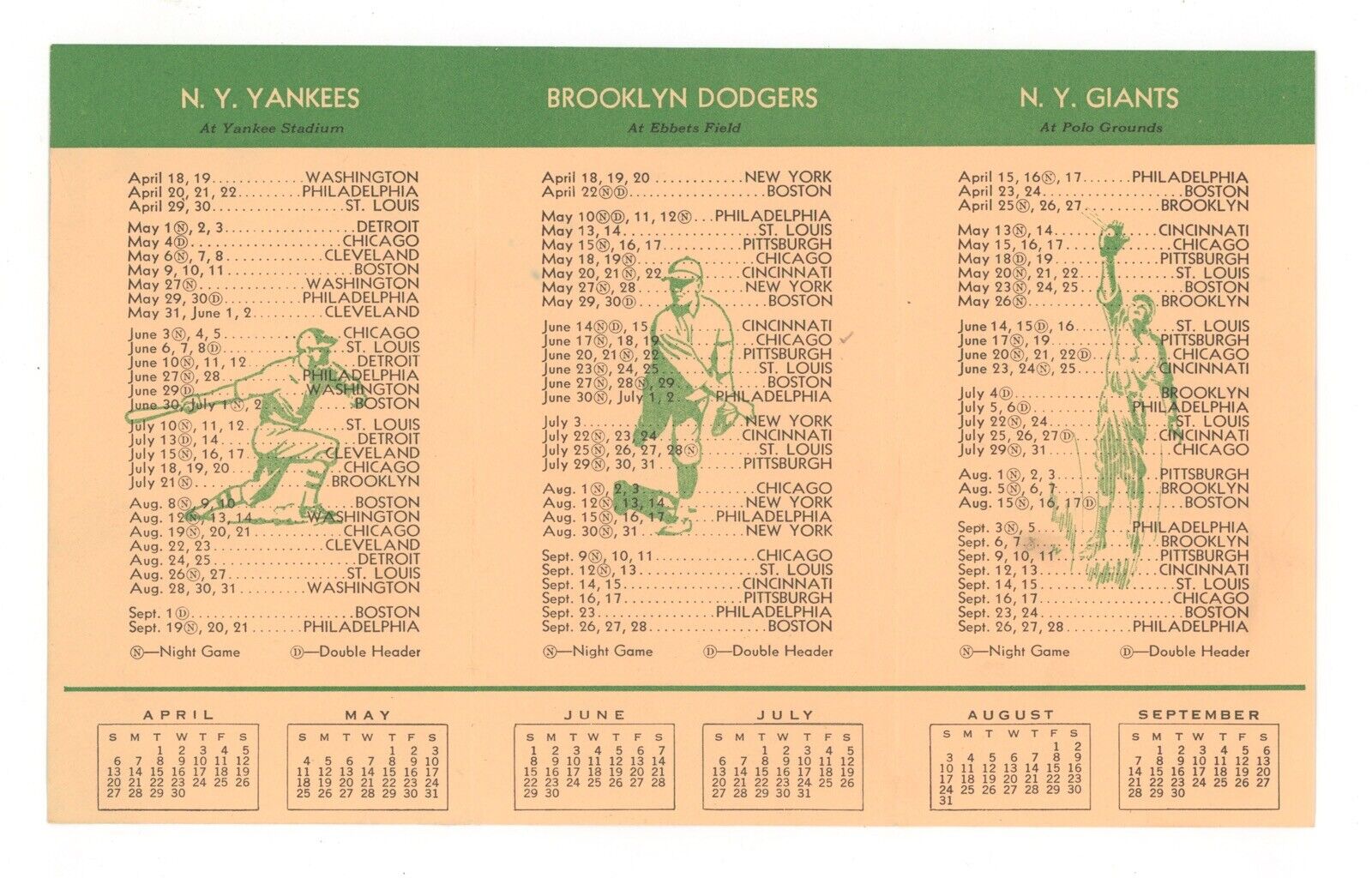 NY Baseball 1952 Schedule NY Yankees, Brooklyn Dodgers, NY Giants