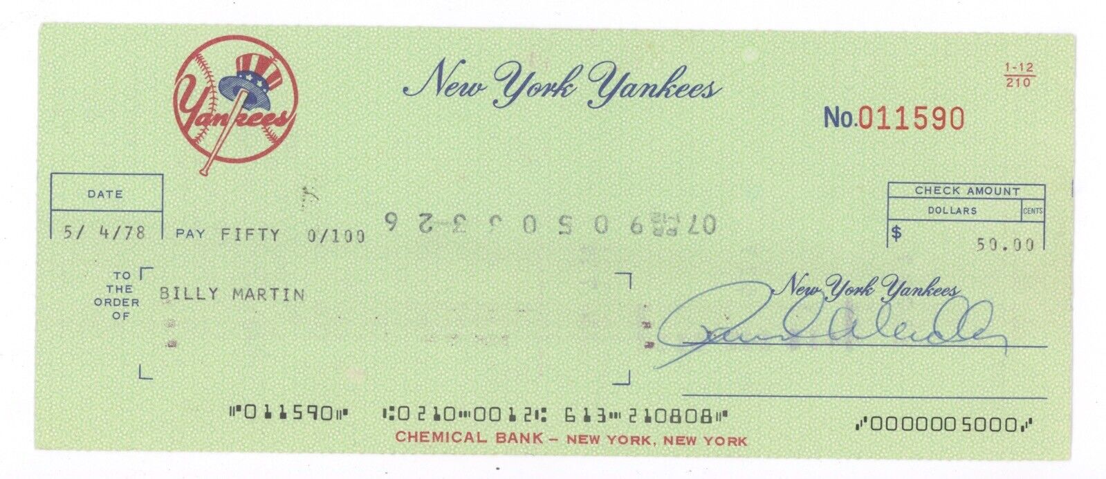 Billy Martin Signed NY Yankees 1978 Official Check with B&E Hologram