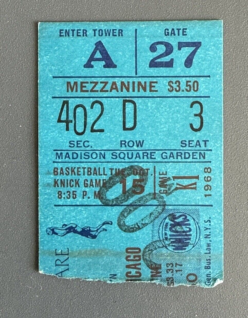 Oct 15, 1968 NY Knicks Ticket Stub vs Chicago Bulls - Opening Night 1968