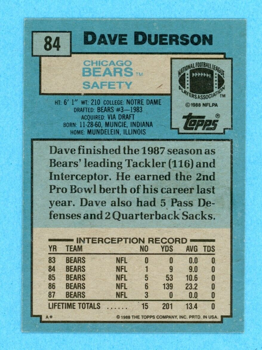 Dave Duerson Chicago Bears 1988 Topps #84 Autographed Football Card