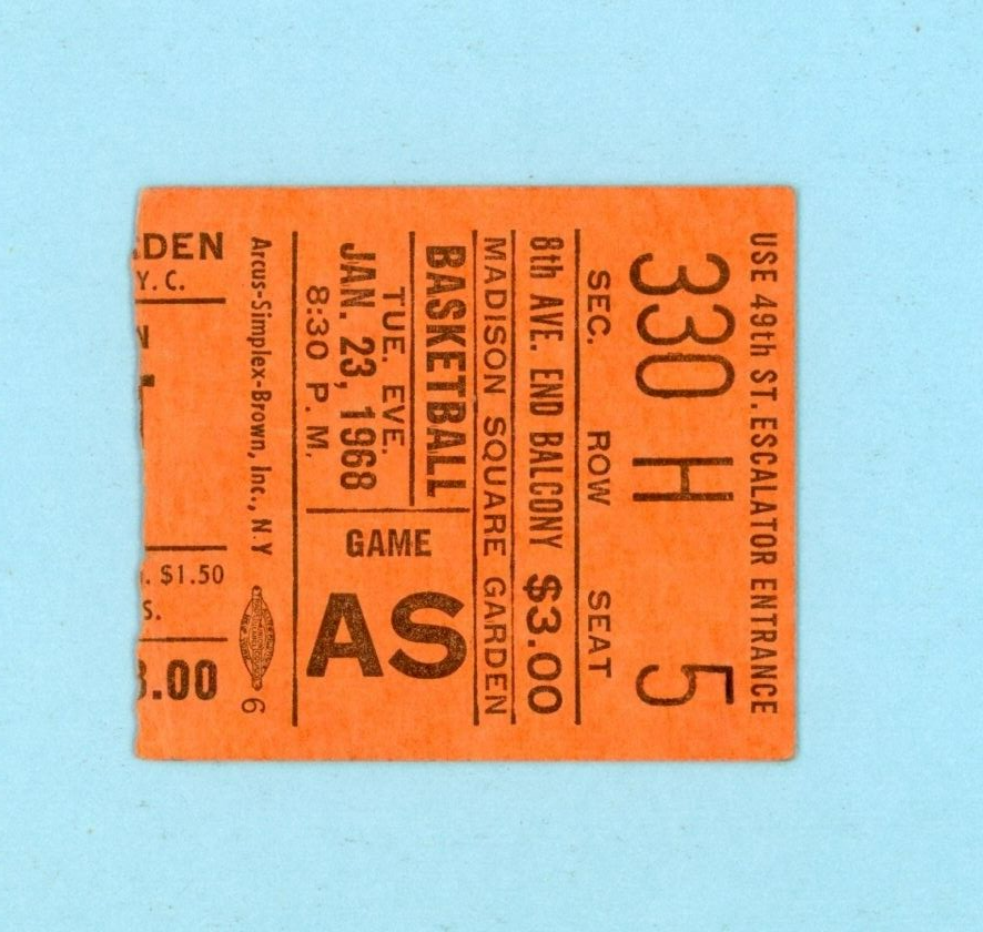 January 23, 1968 NBA All-Star Game at Madison Square Garden Ticket Stub