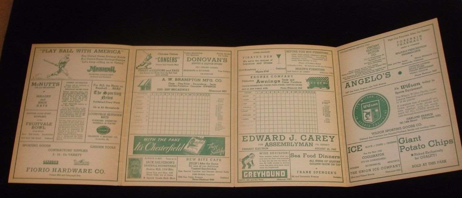 1942 Pacific Coast League Official Scorecard w/ 4 autographs-Hollywood @ Oakland