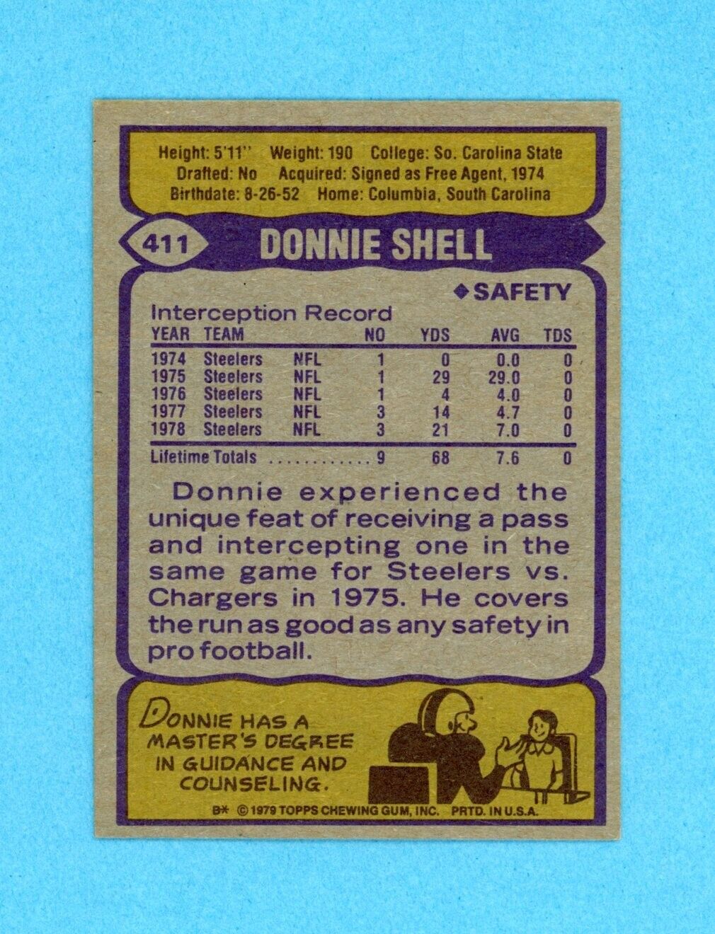 Donnie Shell Pittsburgh Steelers 1979 Topps #411 Autographed Football Card