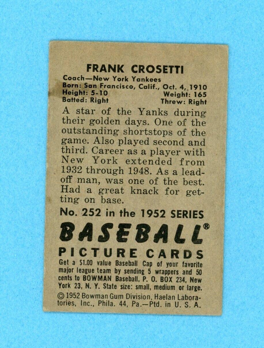 1952 Bowman #252 Frank Crosetti New York Yankees Baseball Card EX light prt line