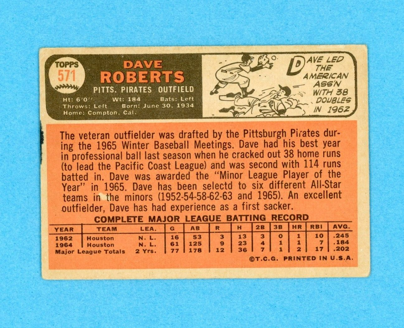 1966 Topps #571 Dave Roberts Pitts Pirates High Number Baseball Card Vg/Vg+ sta