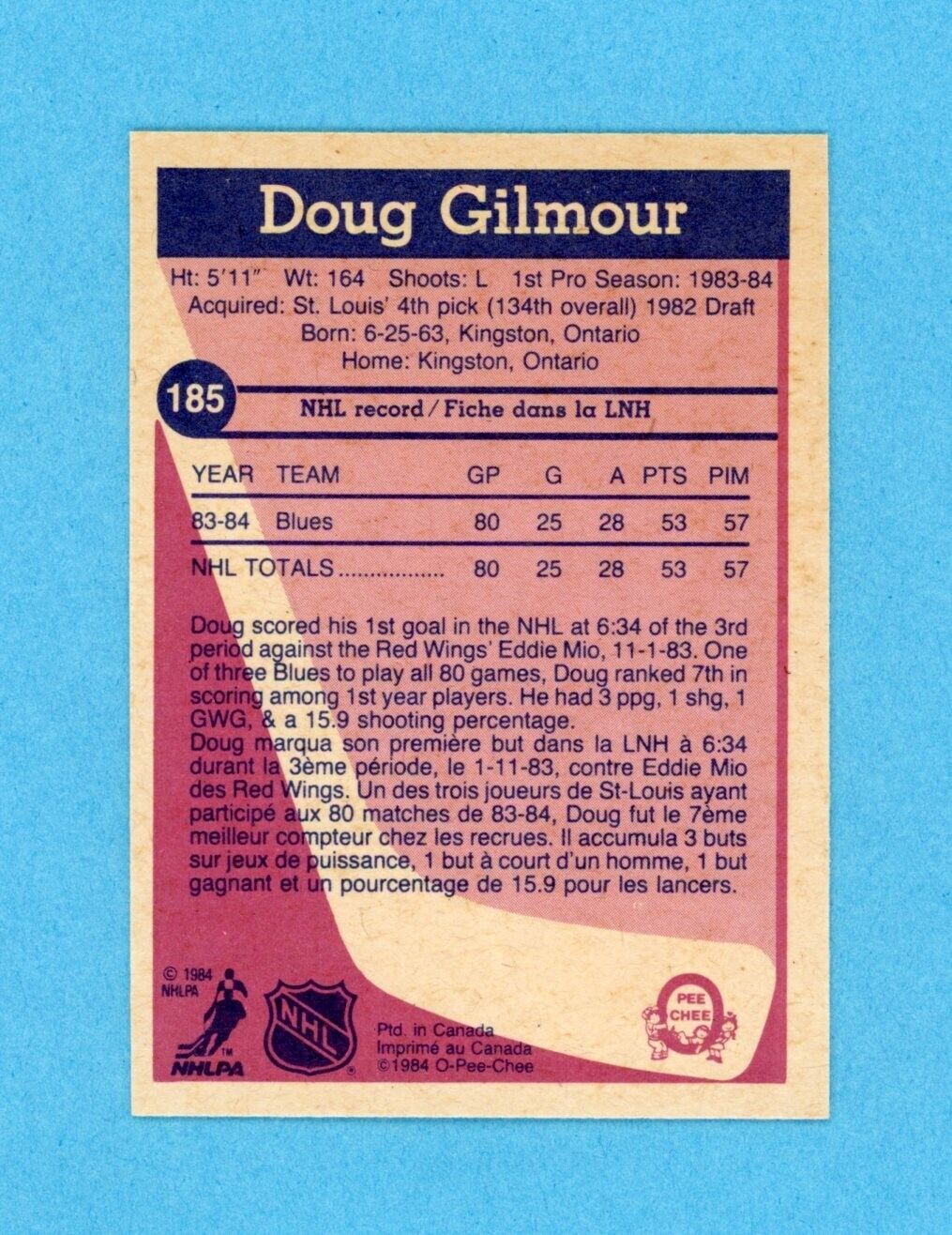 Doug Gilmour St Lou Blues 1984-85 O Pee Chee #185 Autographed Rookie Hockey Card