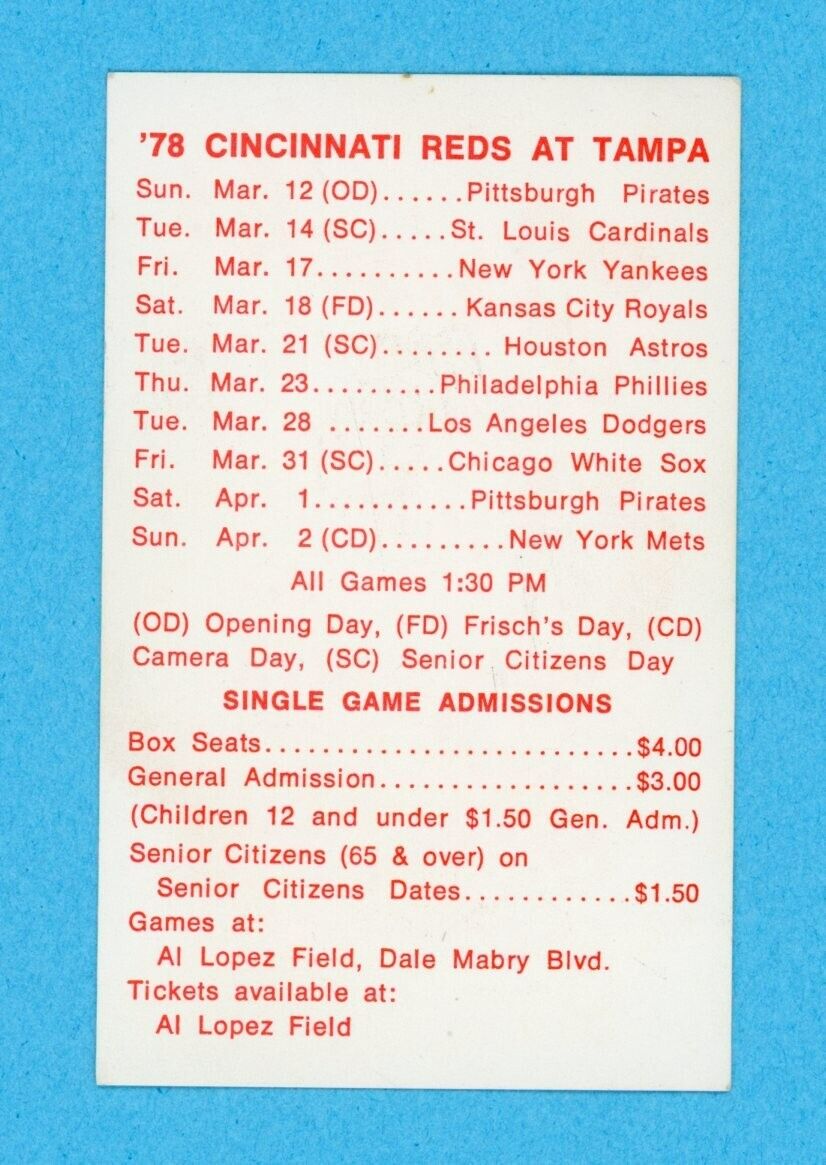 1978 Cincinnati Reds Spring Training Schedule Card