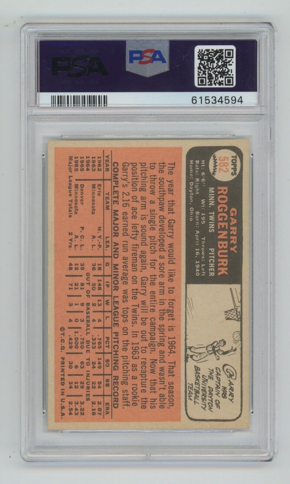 1966 Topps Garry Roggenburk Card #582 • PSA 7 NM