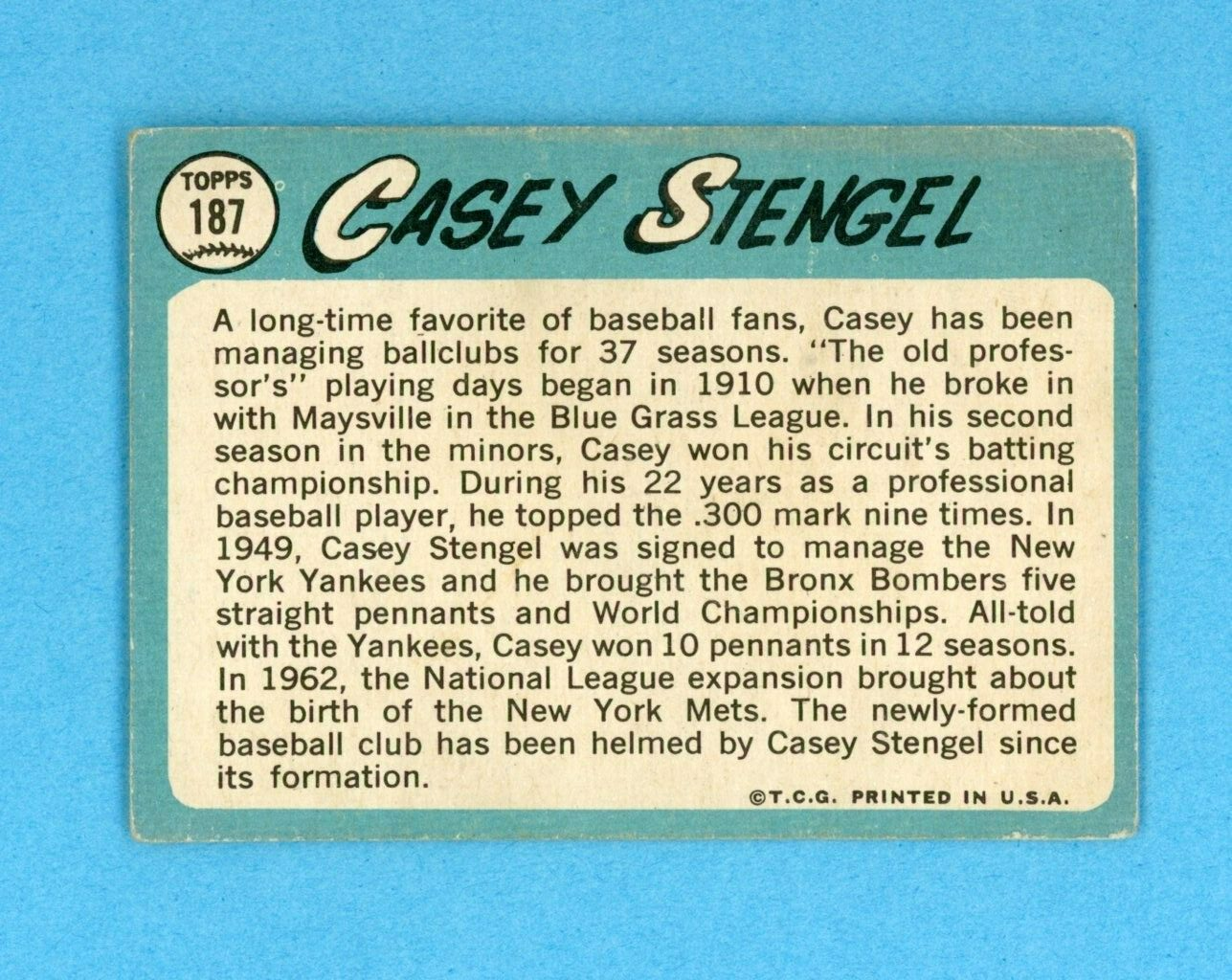 1965 Topps #187 Casey Stengel New York Mets Baseball Card G - VG