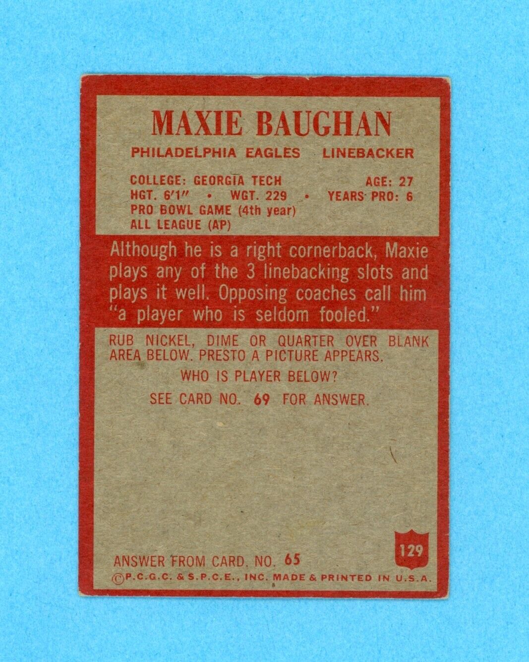 1965 Maxie Baughan Signed Philadelphia Card #129 • Auto with B&E Hologram