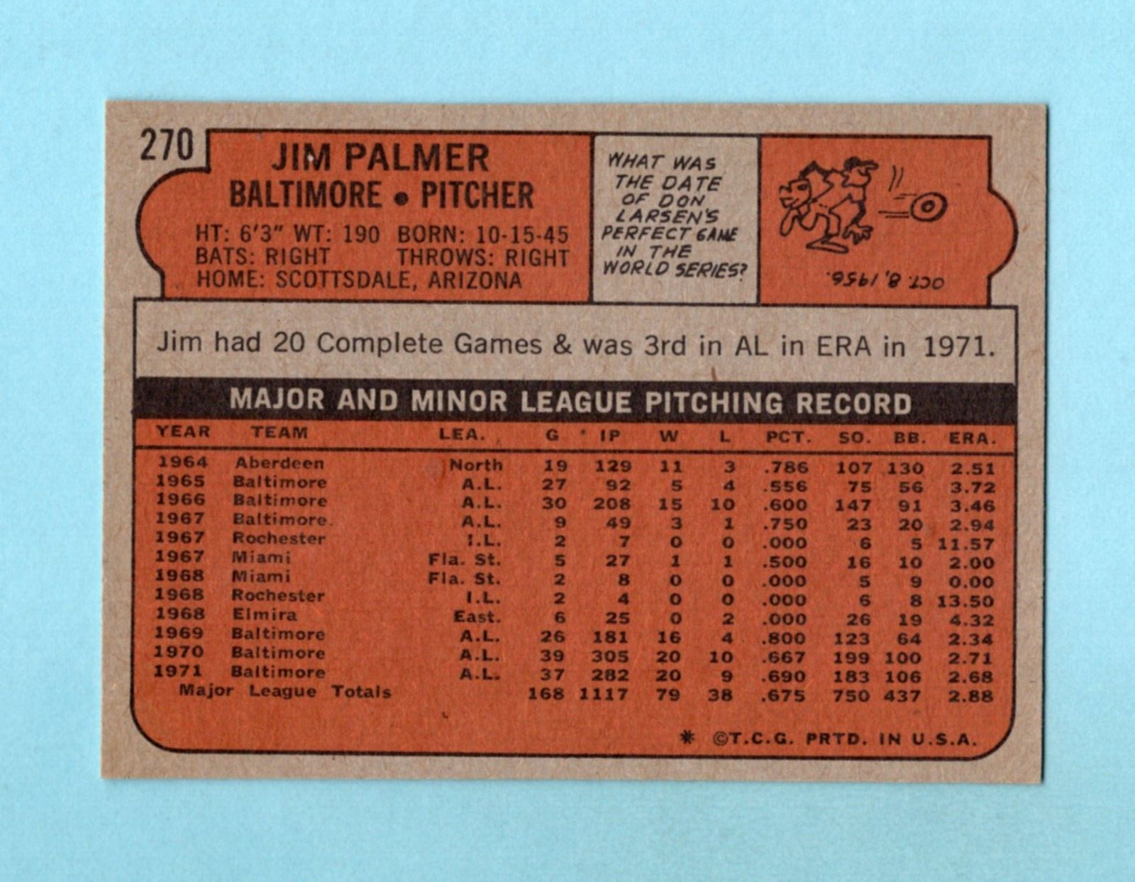 1972 Topps #270 Jim Palmer Baltimore Orioles Baseball Card NM prt mk tl