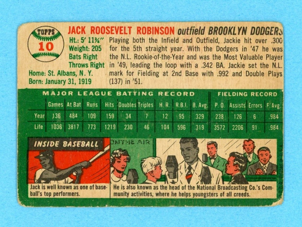 1954 Topps #10 Jackie Robinson Brooklyn Dodgers Baseball Card Low Grade