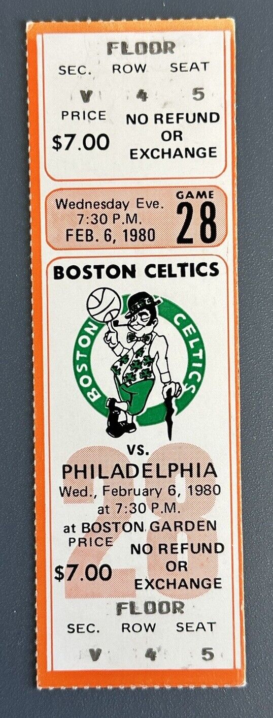 Feb 6 1980 Boston Celtics FULL Ticket vs 76ers - Larry Bird ROOKIE Year 32 pts