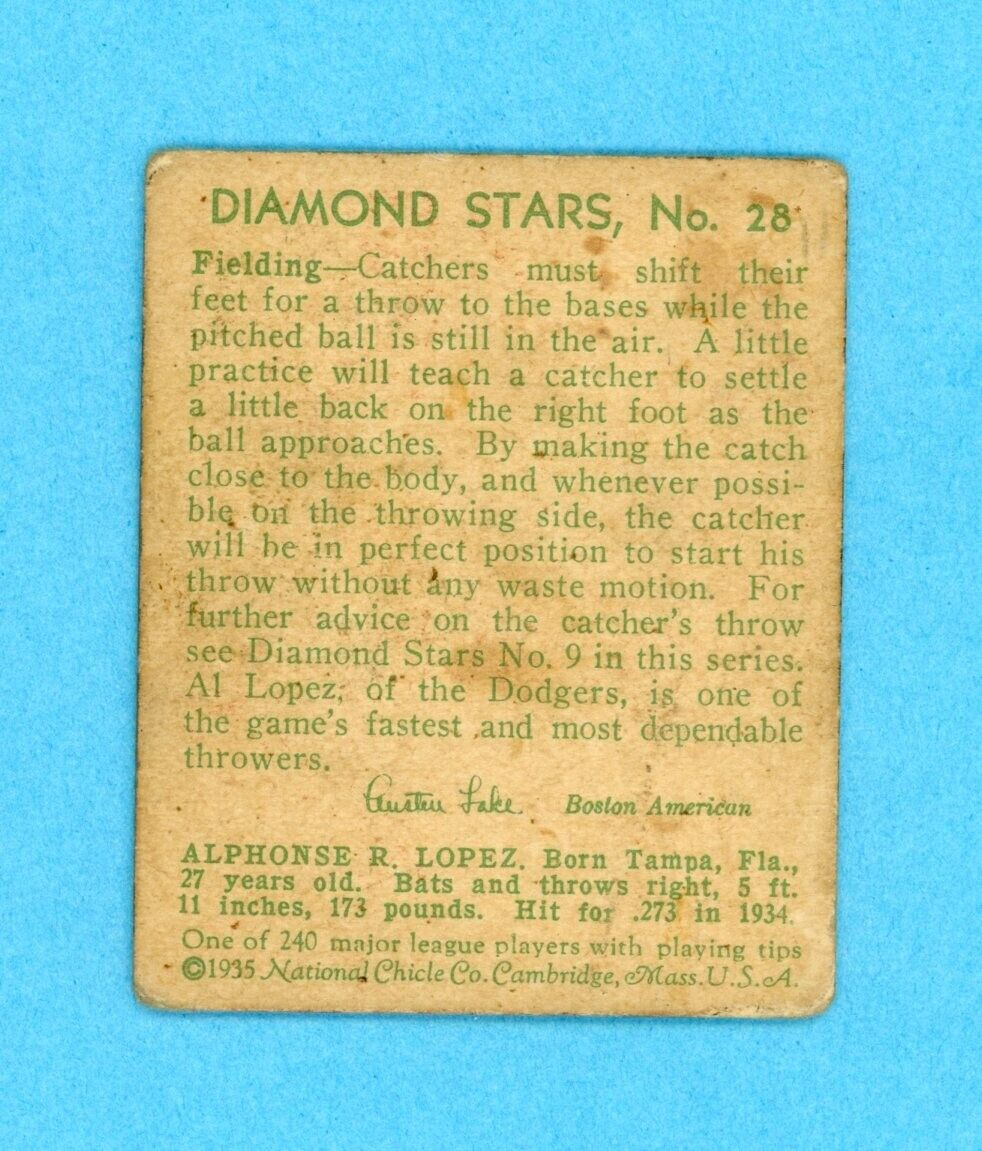 1934-36 Diamond Stars #28 Al Lopez Brooklyn Dodgers Baseball Card Low Grade