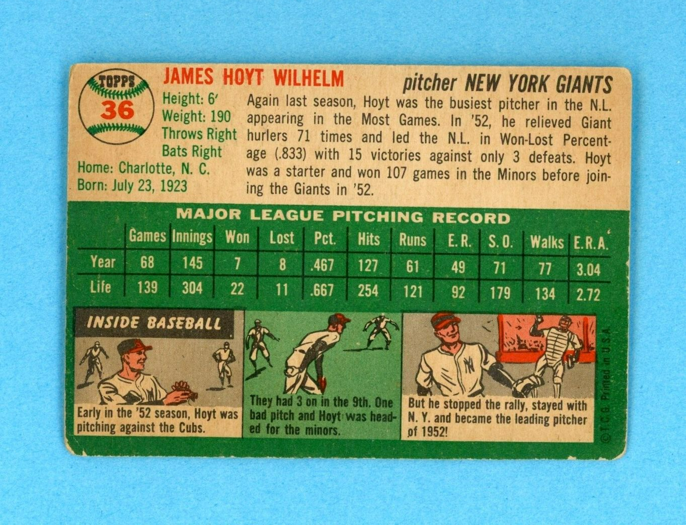 1954 Topps #36 Hoyt Wilhelm New York Giants Baseball Card VG