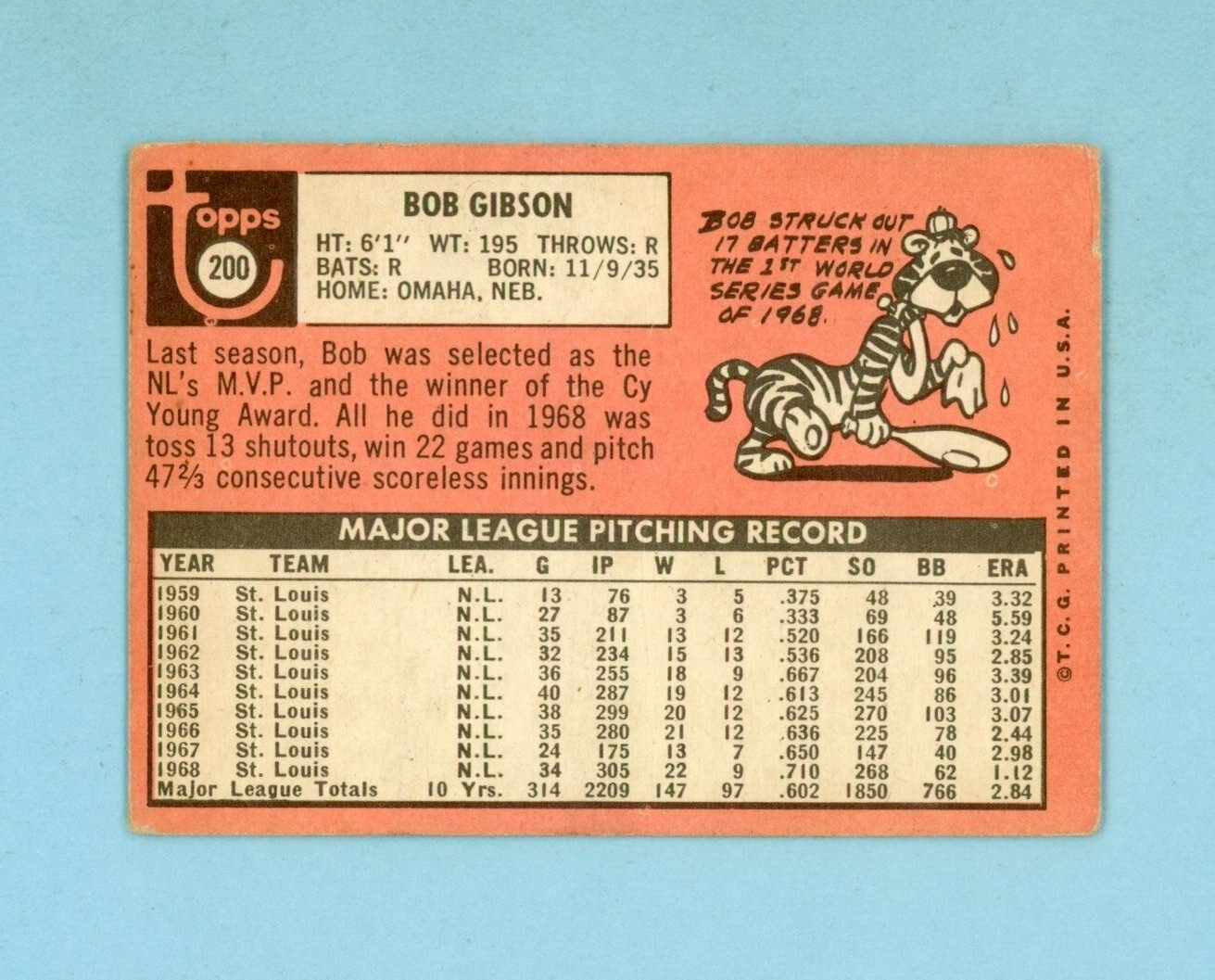 1969 Topps #200 Bob Gibson St. Louis Cardinals Baseball Card VG lht wrk trs