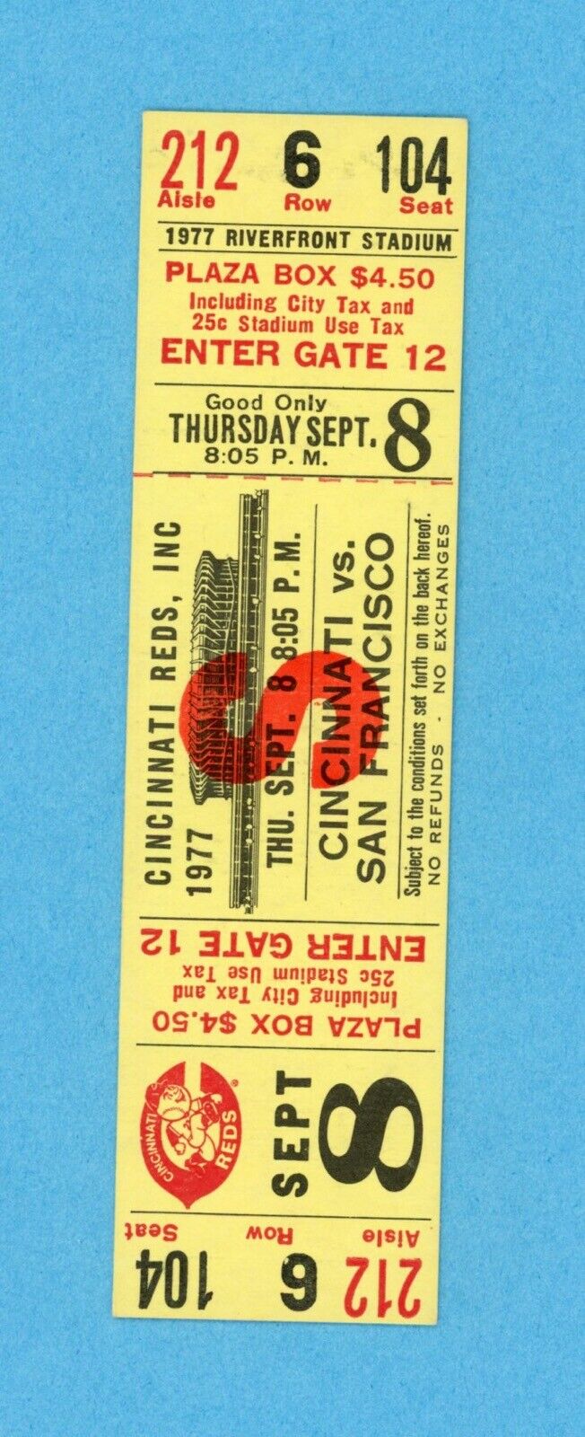 9/8/77 San Francisco Giants at Cincinnati Reds Full Ticket